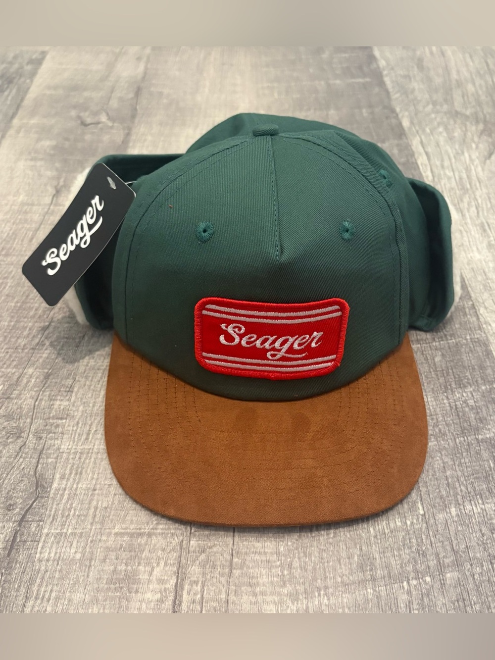 NWT Seager Whitewater Flapjack Sherpa Ear Flap Hat Green/Brown OS